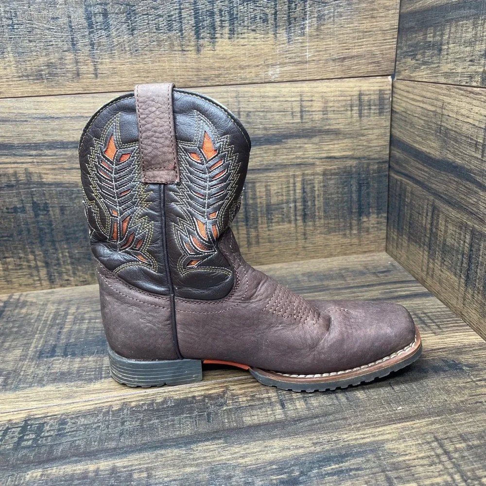El General Cowboy Boots Kids Size 12 Brown‎ Leather Orange Embroidery Lug Sole
